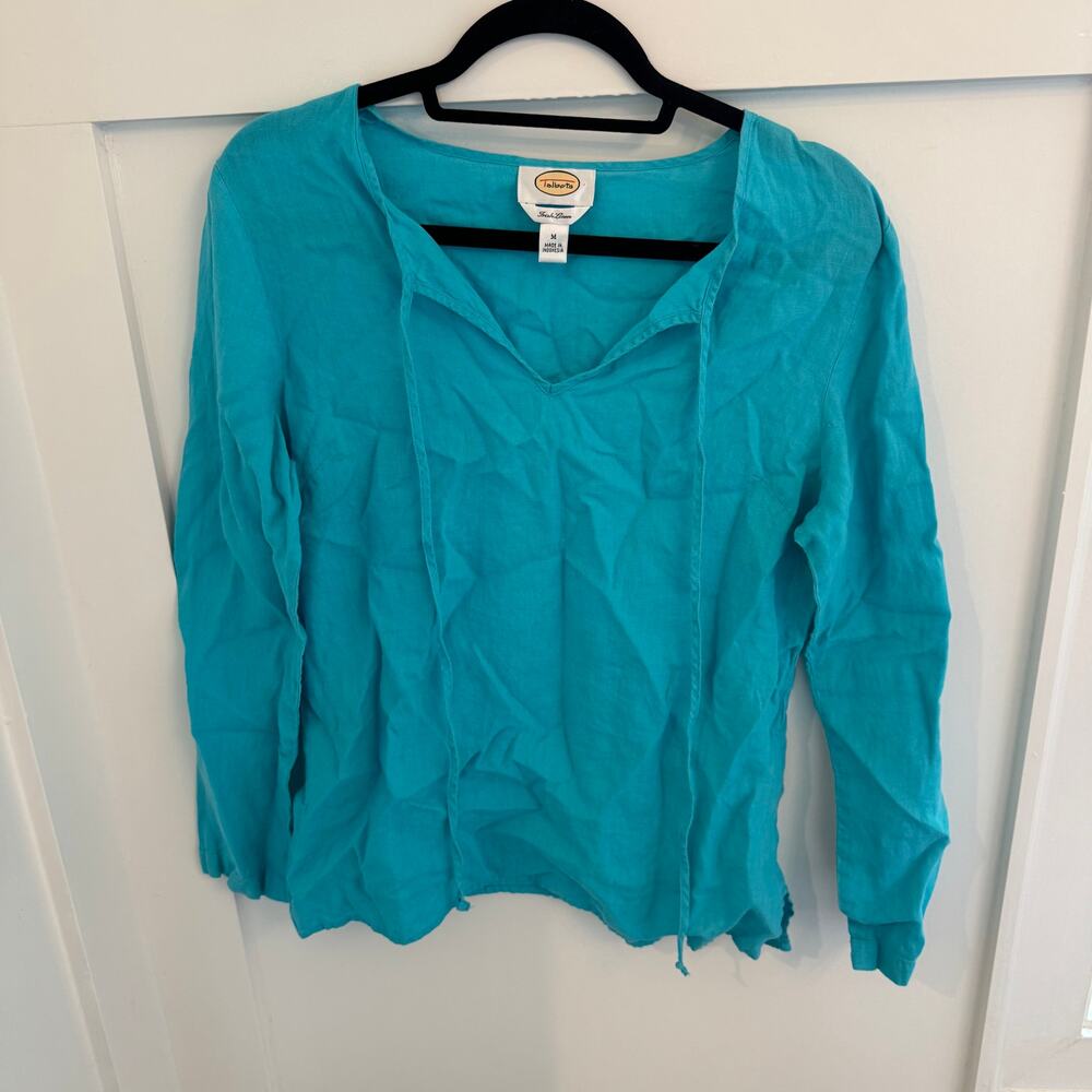 Talbots Irish Linen Pullover V-neck Blue Teal Tie Front Long Sleeve Medium Top
